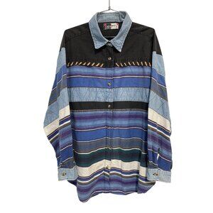 Vintage Kikomo Shirt Size 2X Striped Button Front Long Sleeve Blue Black Western